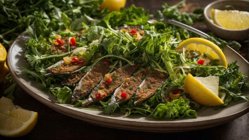 Recipe: Sardines on a bed of greens with lemon wedges.