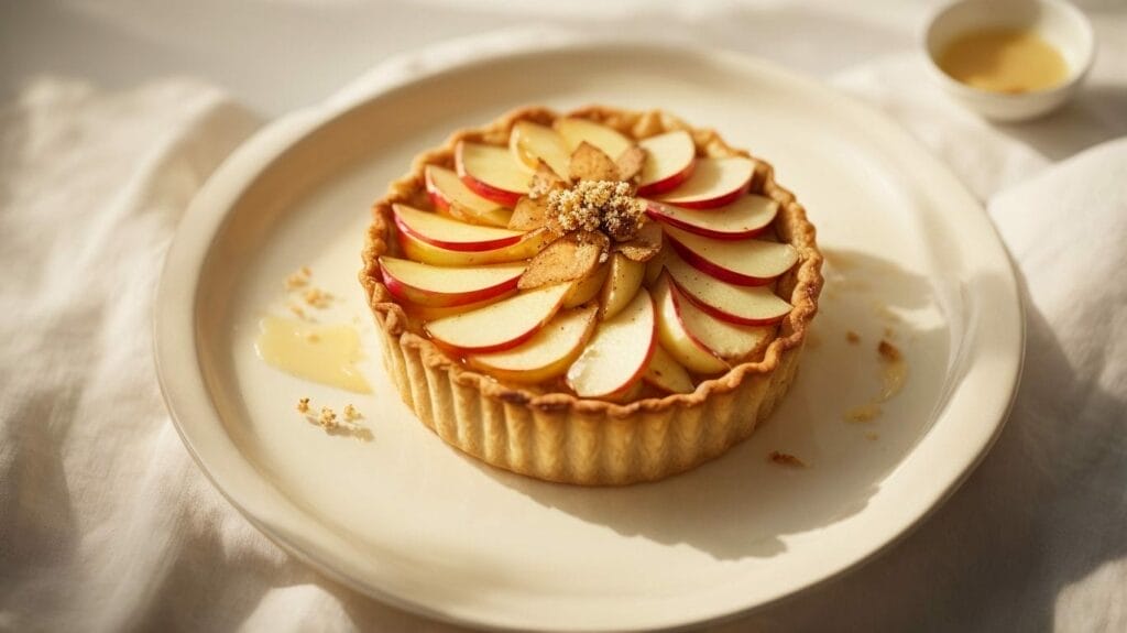 A canned apple tart on a white plate.