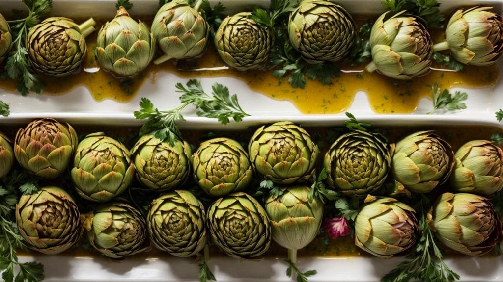 Canned artichokes are arranged on a white plate.