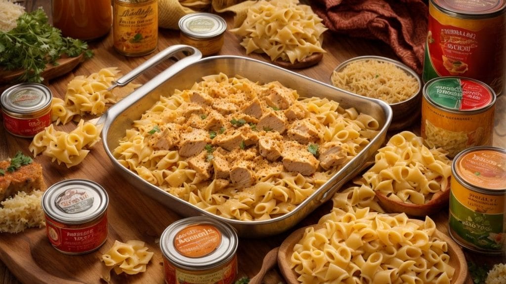 A flavorful pan full of pasta and other delectable recipes on a rustic wooden table.