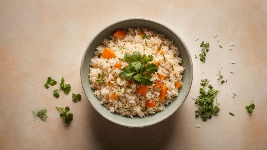 A bowl of rice with carrots and parsley, perfect for a quick and delicious meal.
