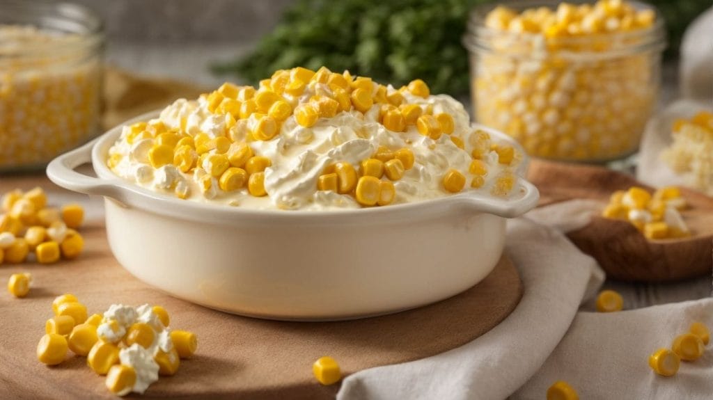 Creamy corn on the cob recipe served in a white bowl on a wooden table.