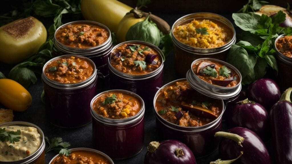 A collection of canned eggplant and vegetable recipes presented in classic canning jars.