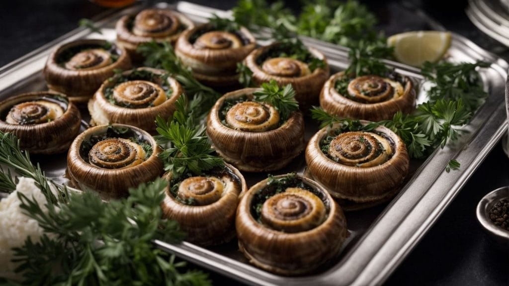 Canned stuffed snails with parsley on a silver tray.
