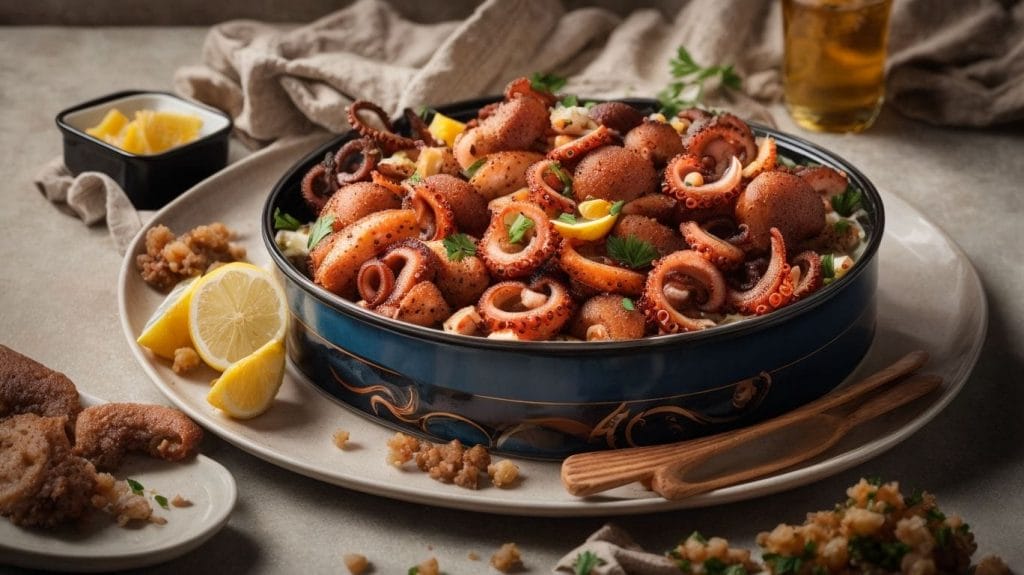 A bowl of canned octopus with lemon wedges on a table.