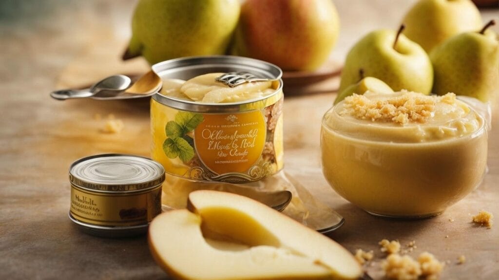 A can of pears and a spoon next to it, perfect for desserts or canned pear recipes.