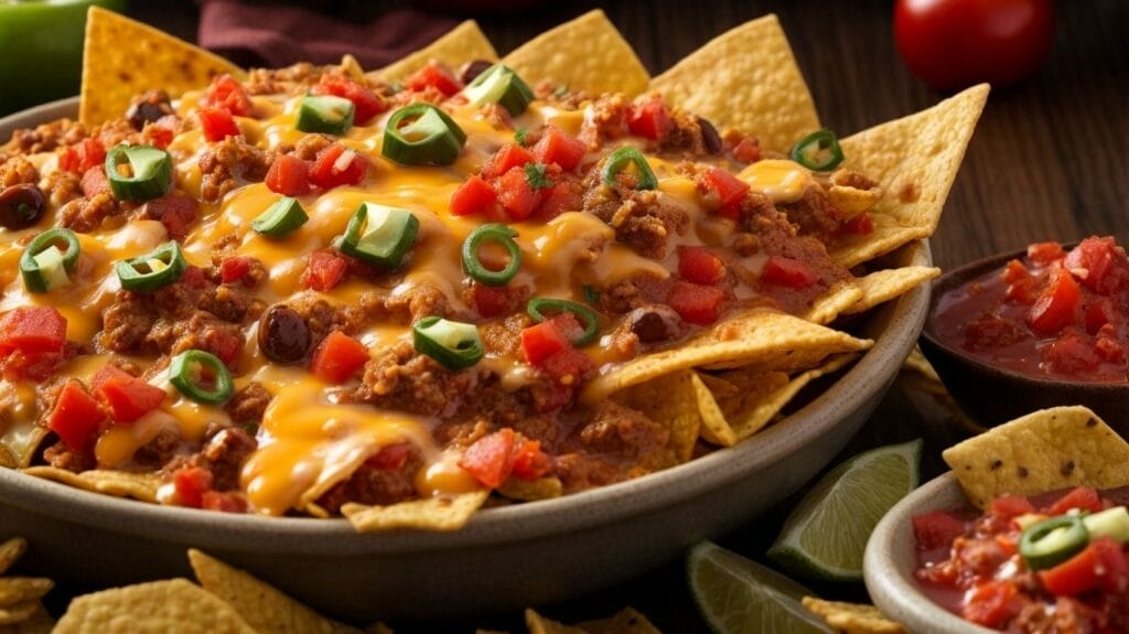 A mouthwatering recipe for nachos topped with canned chili and melted cheese.