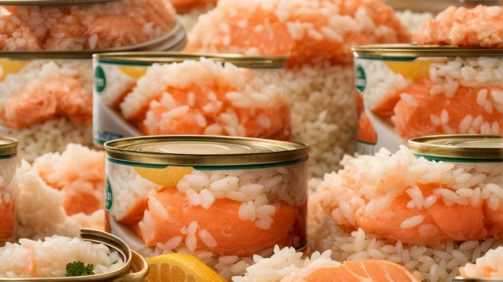 Salmon and rice combined in a delectable dish, conveniently packed in cans.