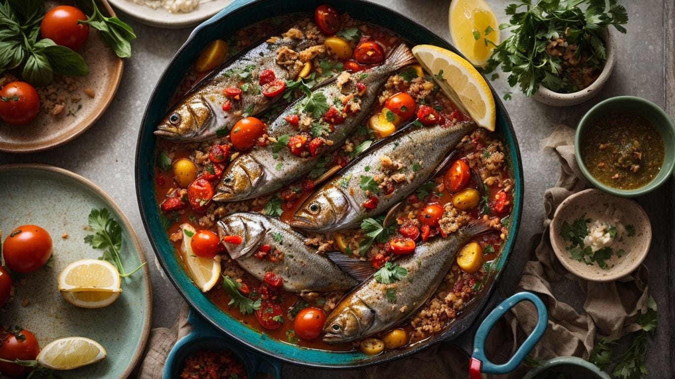 Jamie Oliver's canned sardine recipes feature a delicious dish of fish in a pan, accompanied by fresh tomatoes and fragrant herbs on a table.