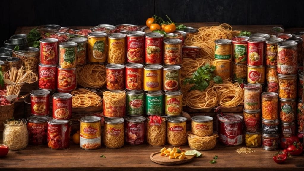 A mountainous pile of canned spaghetti gracefully occupying the wooden table.