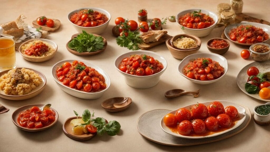 A variety of bowls filled with canned tomatoes and other ingredients.