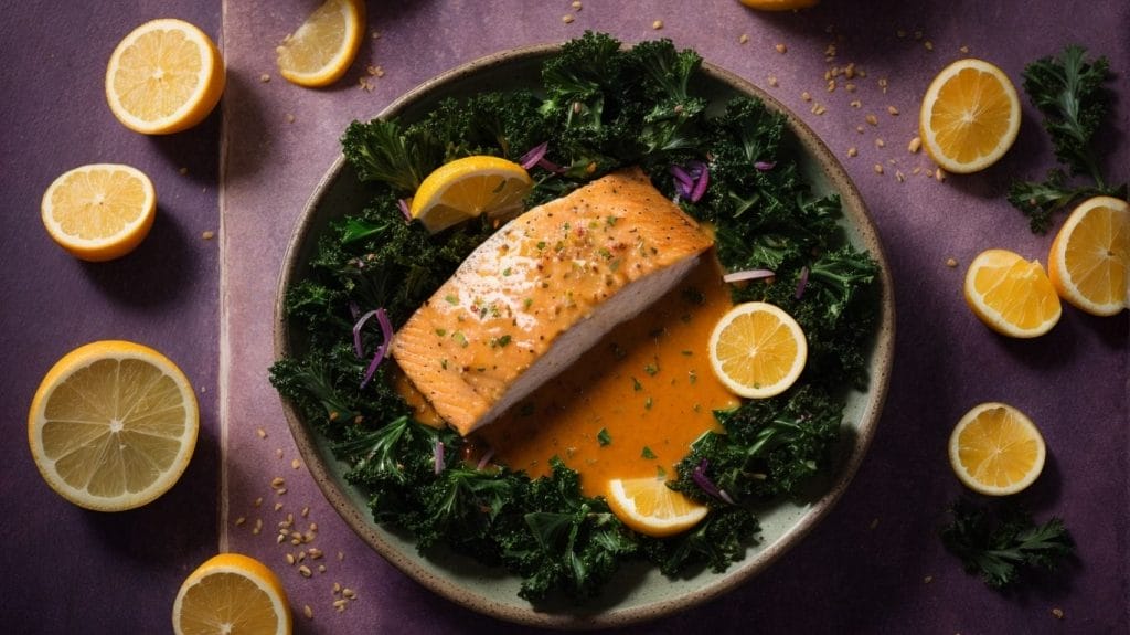 Salmon recipes with lemons and kale.