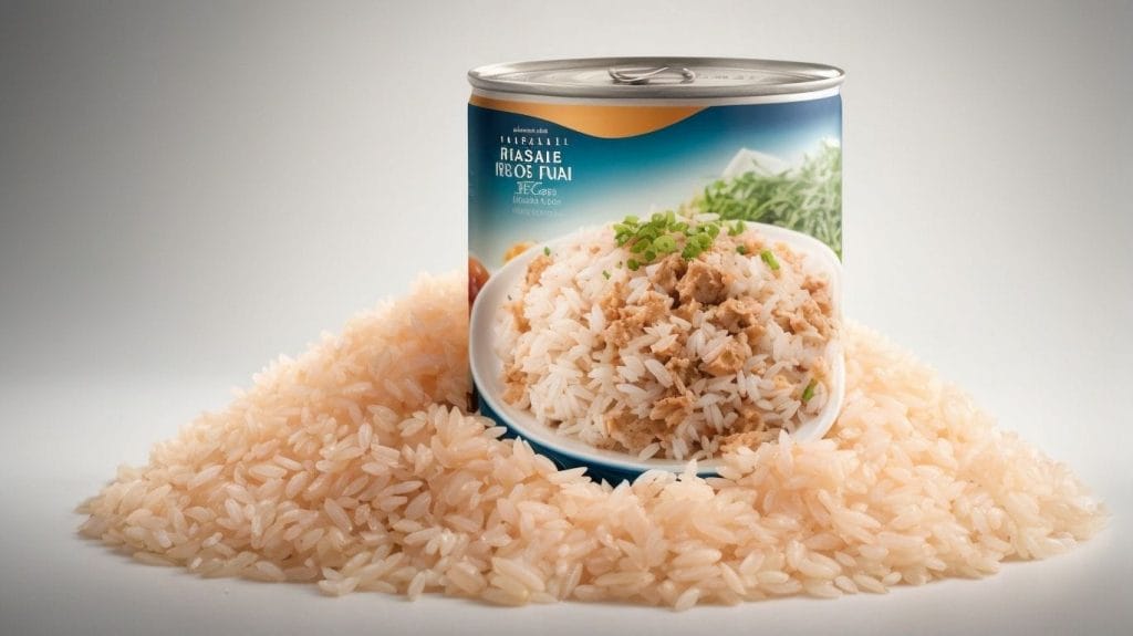 A can of rice sitting on top of a pile of rice.