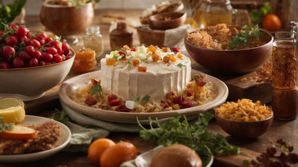 A cake with fruit and vegetables on a wooden table.