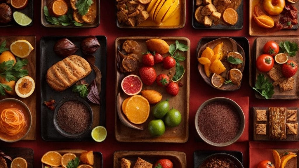 Everything You NEED to Know about a variety of food on trays on a red background, including E-Recipes.