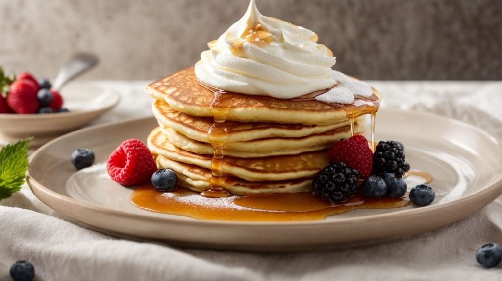 A stack of buttermilk pancakes with whipped cream and berries on a plate.