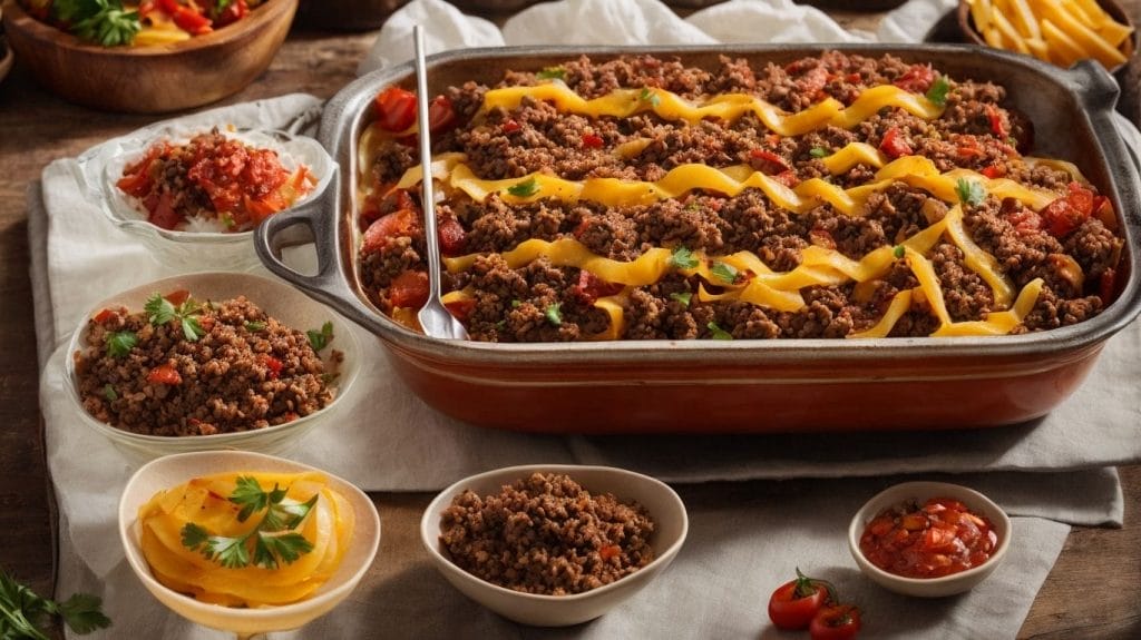 A flavorful Mexican casserole loaded with ground beef and topped with melted cheese and fresh tomatoes, displayed on a rustic wooden table.