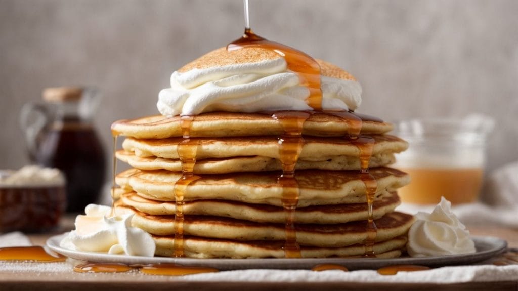 A stack of pancakes with syrup and whipped cream, perfect for a hearty breakfast or a satisfying brunch.