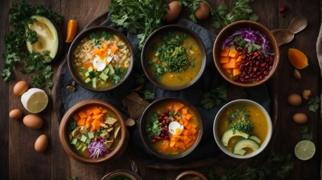 Five bowls of soup on a wooden table, perfect for sick days.