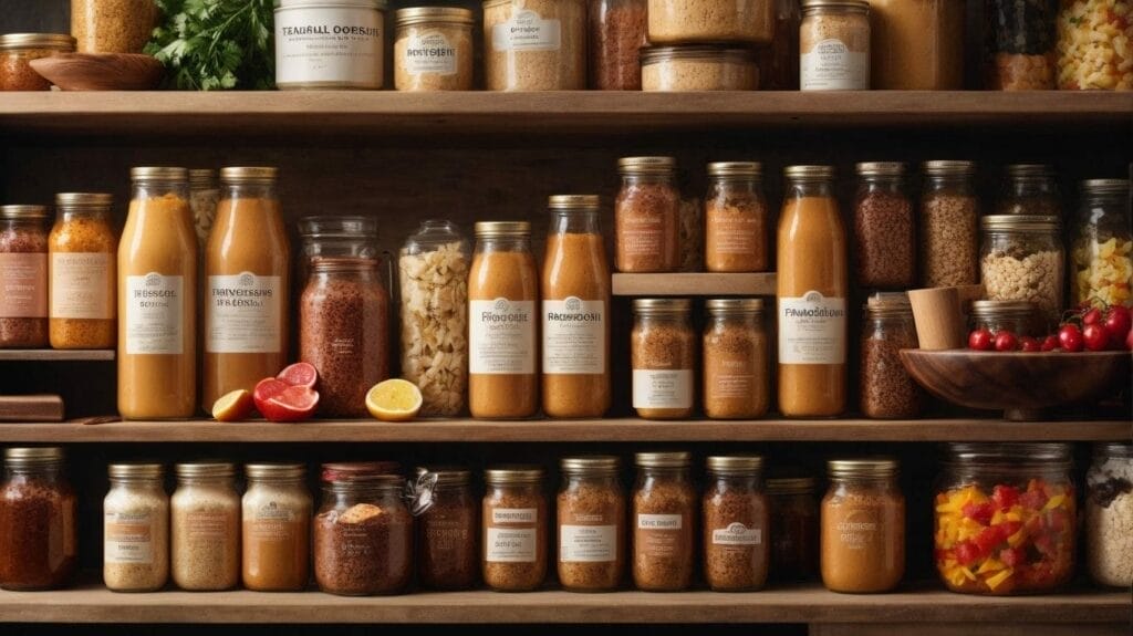 Many jars of food sit on a wooden shelf, but there are no recipes included.
