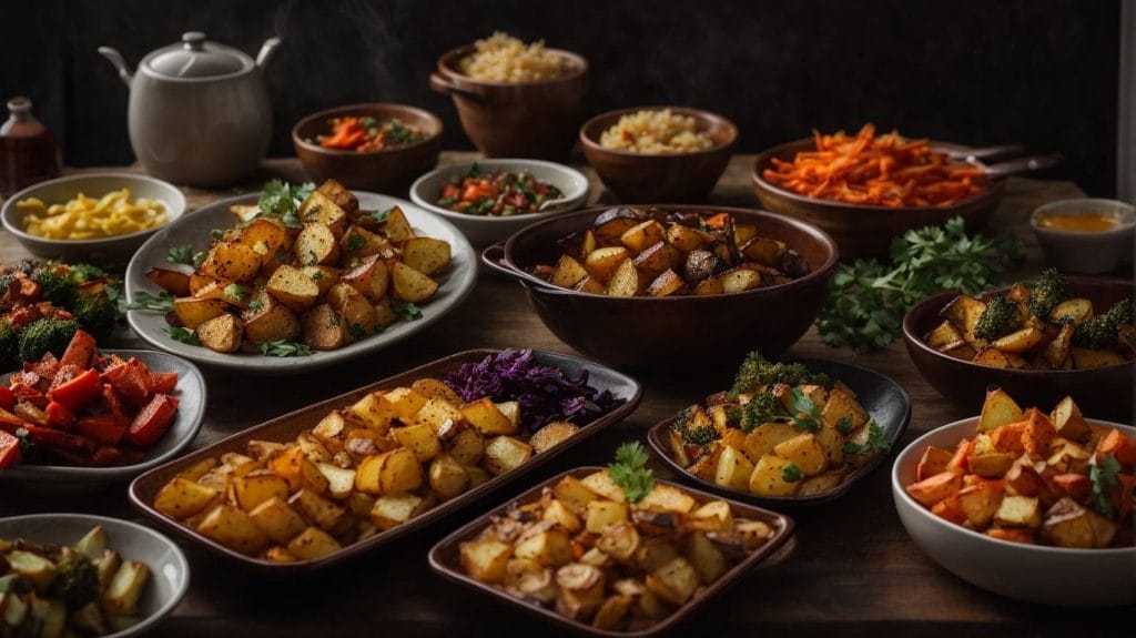 Various side dishes of potatoes and vegetables on a table.