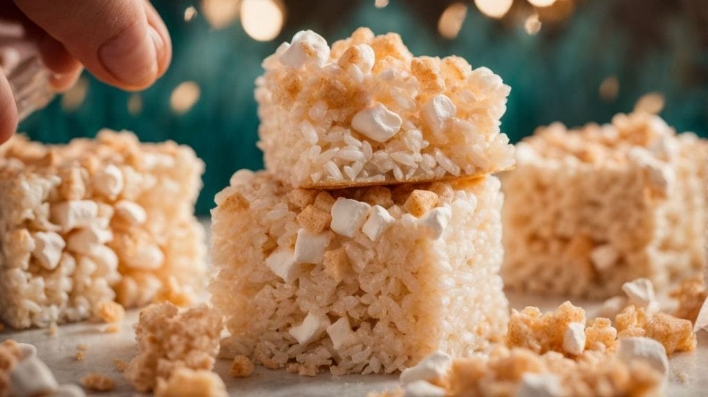 A delectable recipe for Rice Crispy Treats topped with marshmallows.
